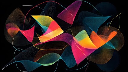 Fototapete - Abstract background with colorful geometric shapes and lines on a dark black color. Modern design for a banner, poster, or flyer.