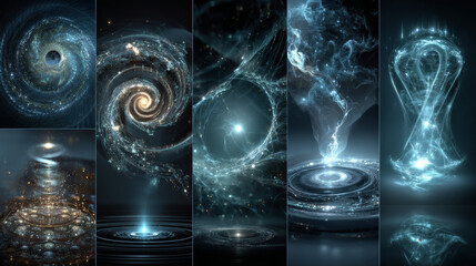 Wall Mural - Abstract blue swirls png set isolated on transparent. Realistic vector illustration of sparkling magic effect, spiral tornado wind, fresh air vortex, glowing neon light trail with shimmering particles