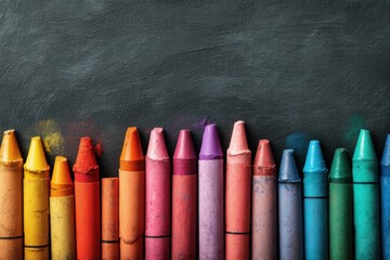 Poster - Colorful Crayons Lined Up on a Dark Background, Representing Childhood Education and Creative Expression : Generative AI