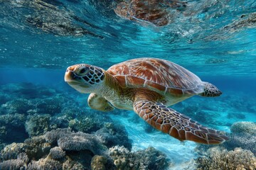 Poster - Sea Turtle Swimming Gracefully Underwater Near Coral Reef, Symbolizing Marine Conservation and Ocean Exploration : Generative AI