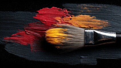 Poster - Paintbrush With Red, Orange, and Yellow Paint Strokes on Black Canvas, Representing Artistic Expression and Creative Inspiration for Art Therapy Projects : Generative AI
