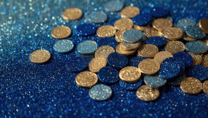 Poster - Pile of Gold and Blue Glitter Coins on Sparkling Surface, Symbolizing Wealth Management and Financial Investment Opportunities : Generative AI
