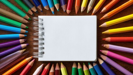Poster - Colorful Pencils Arranged Around a Blank Notebook, Illustrating Creativity and Educational Resources for Back to School Projects : Generative AI