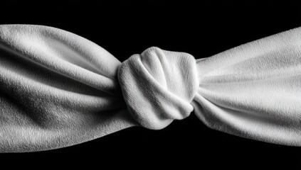 Poster - White Fabric Tied in a Knot on Black Backdrop, Symbolizing Unity and Interconnection, Ideal for Fashion or Textile Design : Generative AI