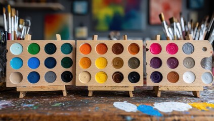 Poster - Palette of Watercolor Paints on Wooden Table, Representing Artistic Expression and Creative Hobby : Generative AI
