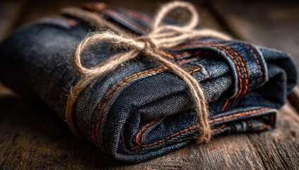 Poster - Rolled Dark Denim Jeans Tied With Twine on Rustic Wood, Representing Sustainable Fashion and Eco-Friendly Retail : Generative AI