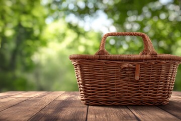 Poster - Wicker Picnic Basket on Wooden Table with Green Bokeh Background, Suggesting Outdoor Leisure and Family Getaways, Ideal for Summer Promotions : Generative AI