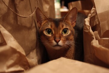 Poster - Abyssinian Cat Peeking Out of a Brown Paper Bag, Symbolizing Curiosity and Playfulness for Pet Product Marketing : Generative AI