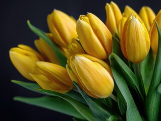 Aufkleber - Close-Up of Yellow Tulips on Dark Background, Symbolizing Springtime Joy and Floral Design Inspiration for Mother's Day : Generative AI