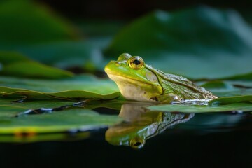 Poster - Green Frog Sitting on Lily Pad in Pond, Reflecting Serenity and Environmental Awareness for Conservation Campaigns : Generative AI