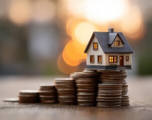 Aufkleber - Miniature House Model on Stacked Coins Against Bokeh Background, Representing Investment and Financial Security for Home Ownership Dreams : Generative AI