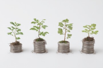 Aufkleber - Seedlings Growing From Stacks of Coins on White, Symbolizing Financial Growth, Investment, and Sustainable Business Practices : Generative AI
