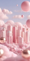Poster - Pink Cityscape Surrounded by Clouds and Spheres, Representing Innovation and a Dreamlike Future for Urban Planning and Real Estate Marketing : Generative AI