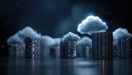 Fototapete - Server Racks and Clouds Representing Cloud Computing and Data Storage, Ideal for Technology Innovation and Digital Transformation Marketing Campaigns : Generative AI