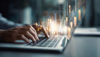 Poster - Hands Typing on Laptop with Financial Charts Overlay, Representing Investment Strategy and Digital Transformation in Modern Business : Generative AI