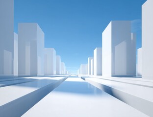 Poster - Minimalist White Cityscape Under Blue Sky, Depicting Modern Architecture and Urban Planning for Real Estate Development and Corporate Expansion : Generative AI