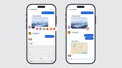 Poster - Smartphone Messaging App UI Mockup with Chat Bubbles, Emojis, and Location Sharing – Mobile Interface Template. Vector.