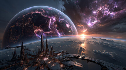 Wall Mural - Purple planet and sun eclipse light on space horizon bg. Abstract blue sunrise in starry sky with flare at night. Bright astronomy edge shine view. 3d fantasy solar ray outer realistic effect