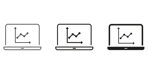 Poster - Laptop With Graph Line And Solid Icon Set. Data Analysis, Business Analytics, And Performance Tracking Symbol Collection. Financial Growth And Market Trends. Isolated Vector Illustration