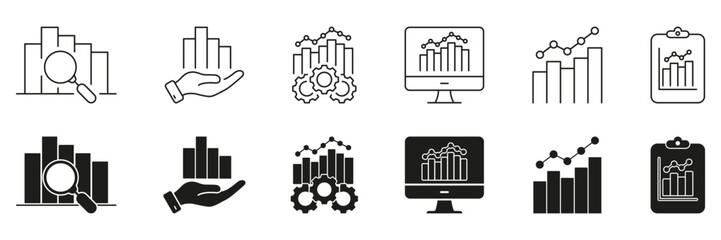 Poster - Bar Chart Analysis Line And Solid Icon Set. Business Intelligence, Market Research, And Performance Metrics Symbol Collection. Financial And Statistical Insights. Isolated Vector Illustration