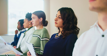 Poster - Resume, recruitment and group of business people in waiting room at startup for fashion magazine editing. Cv, hiring and woman prepare for interview, job search and thinking of creative opportunity