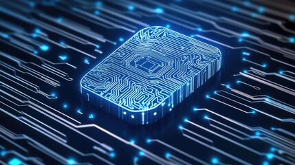 Poster - Glowing microchip on circuit board, representing digital technology and innovation