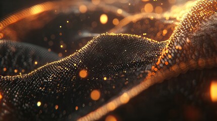 Poster - Dark, undulating surface with golden particles and bokeh