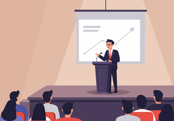 Poster - Business Presentation Speech with Graph in a Conference Hall