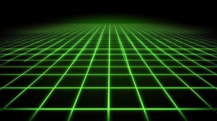 Poster - Glowing green grid receding into a dark horizon, creating a digital, futuristic perspective