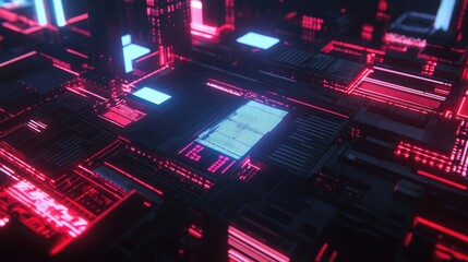 Aufkleber - Glowing cyberpunk-style circuit board with vibrant red and blue neon lights