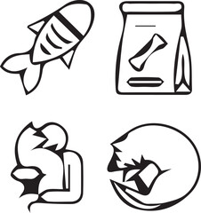 Poster - Pet Care Icons: A collection of simple, clean icons representing essential pet care elements, designed with a minimalist style in mind, showcasing a fish, food, shelter, and a resting dog.