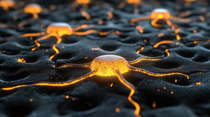 Poster - Glowing neural network, intricate connections between nodes on a dark surface