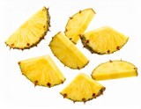 Fresh juicy tropical fruit pineapple flying isolated on white background. Sliced ana 