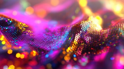 Poster - Vibrant iridescent fabric with a shimmering, wave-like texture, illuminated by colorful bokeh lights