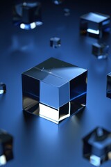 Poster - Translucent crystal cubes float in a calm blue space reflecting and refracting light. The tranquil ambiance enhances their geometric beauty creating an enchanting visual experience.