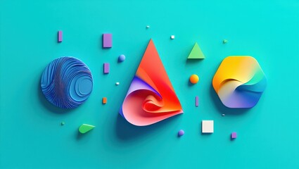 Poster - Bright geometric shapes like circles and triangles playfully display against a smooth teal background highlighting a contemporary artistic design.