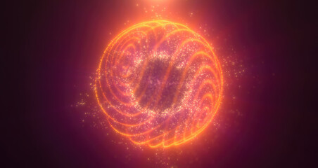 Poster - A golden spiral energy sphere structure with green particles, radiating cosmic power in a dark futuristic background, resembling a vortex or abstract force field