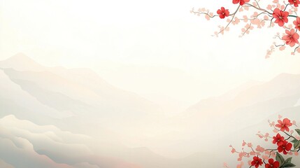 Wall Mural - a tree with red flowers in the foreground and a mountain range in the background with clouds in the 
