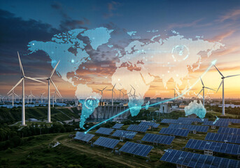 Poster - wind generators solar panels, environmental protection concept . Generative AI