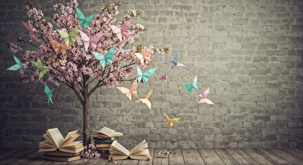 Poster - origami butterflies, books and tree . Generative AI