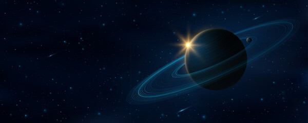 Wall Mural - abstract galaxy background. planet saturn with ring around and glowing sun with starry sky and falli