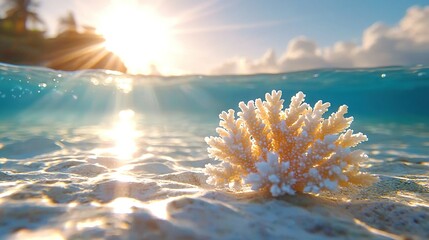 Wall Mural - a close-up of coral on a sandy beach beneath bright sunshine and the vast ocean visible behind