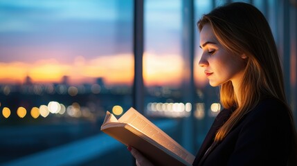 Poster - magazine businesswoman reading an industry magazine while traveling for work.