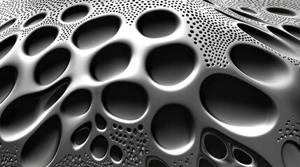 Poster - Abstract grayscale metallic surface with organic, cavernous texture; varying sized holes and dimpled patterns