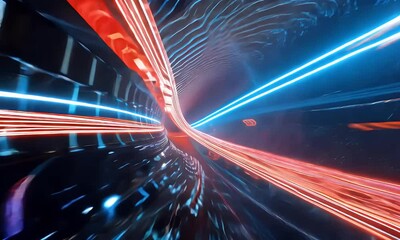 Wall Mural - neon tunnel spirals with glowing red and blue lights, creating a sci-fi vortex effect ideal for warp