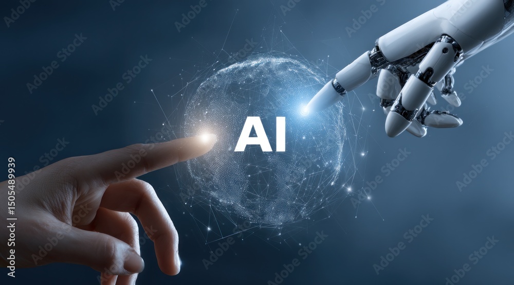 A human finger and a robot hand reaching towards each other with ai ...