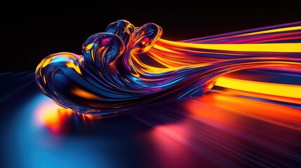 Poster - Abstract vibrant swirls of glossy, reflective liquid in dynamic motion against a dark background, illuminated by streaks of bright light