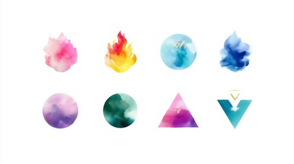 Poster - Colorful watercolor shapes representing elements and forms with vibrant hues on a white background