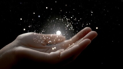 Poster - Magic sparkles emerging from an open hand amidst a dark background