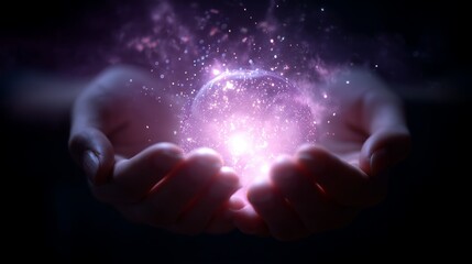 Poster - Creation of a glowing orb held in hands surrounded by cosmic particles at night